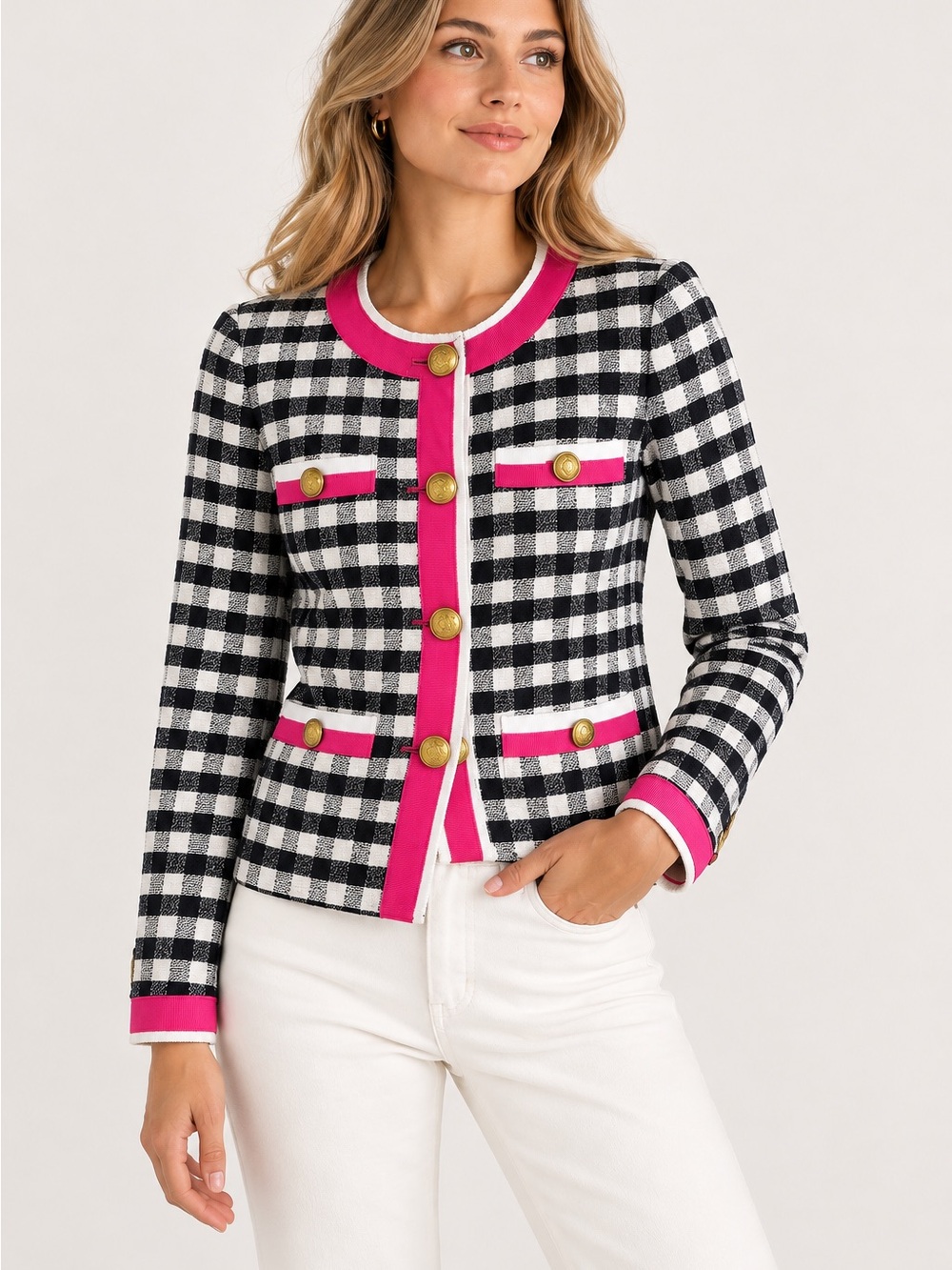 J.Crew Lady Jacket Size 0 Navy /White Check Pink Trim Gold Buttons